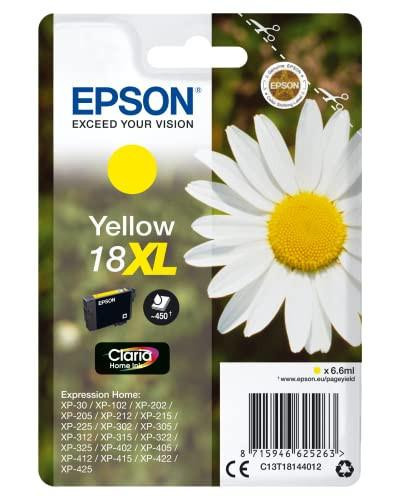 Epson 18XL Yellow Daisy High Yield Genuine Claria Home Ink Cartridge, XL High Capacity, with image of white daisy flower and black ink cartridge.
