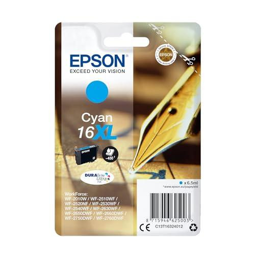 Epson 16XL Cyan Pen & Crossword High Yield Genuine, DURABrite Ultra Ink, XL High Capacity, ink cartridge in packaging with pen and barcode.
