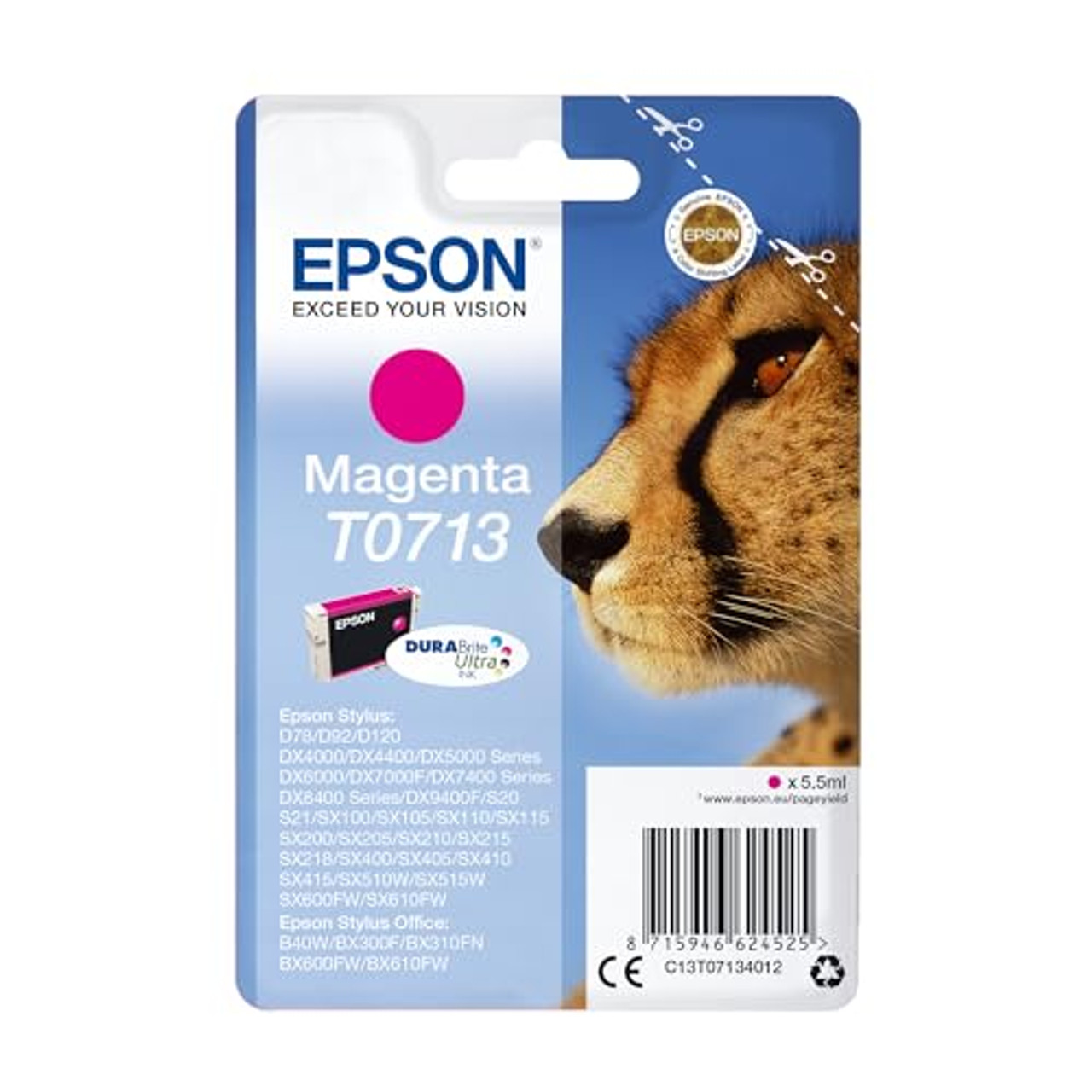Epson T0713 Cheetah Magenta, Genuine, DURABrite Ultra Ink