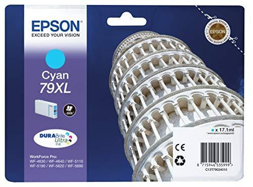 Epson 79XL Leaning Of Pisa Cyan Genuine XL High Yield Ink Cartridge DuraBrite Ultra, packaging image showing the ink cartridge with the Leaning Tower of Pisa design.
