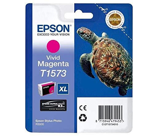 Epson T1573 Print Cartridge, Vivid Magenta, Genuine, product packaging featuring a turtle and Epson branding.