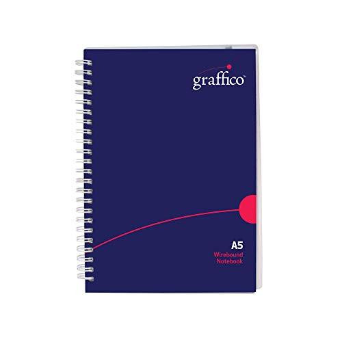 GRAFFICO A5 Twin Wire Polypropylene Notebook of 140 Pages, blue cover with white spiral binding and pink design elements.