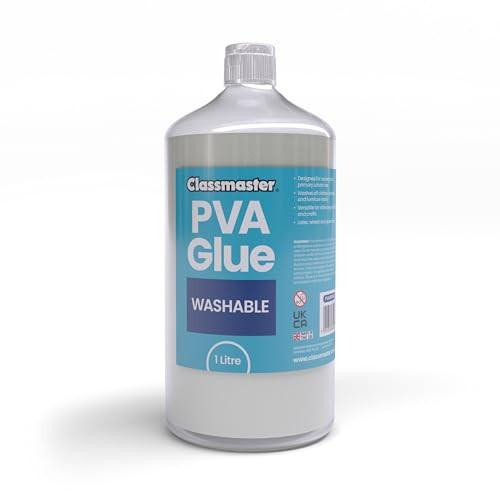 1 litre Classmaster PVA Glue - Basic, white plastic bottle with blue label indicating washable PVA glue.