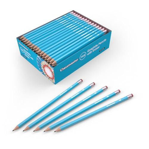 Classmaster HB Graphite Pencils with Eraser Tips, 144-piece packed set of blue pencils with pink eraser tips arranged for display.