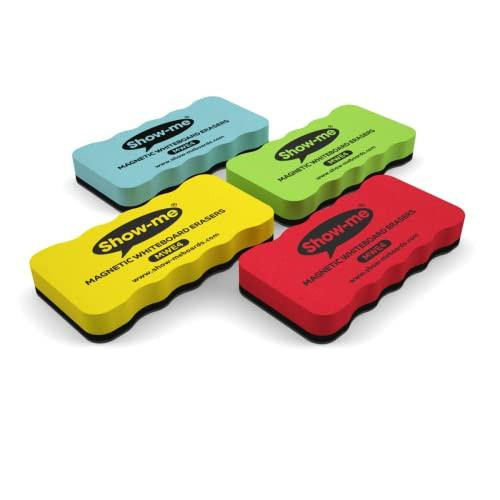 Show-me MWE4 Magnetic Whiteboard Erasers, Assorted Colours, pack of 4, featuring blue, green, yellow, and red erasers with ergonomic shape and magnetic backing for convenient attachment to whiteboards.
