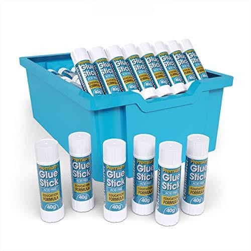 Classmaster Premium Educational 108 Glue Sticks of 40 g, image showing a blue box filled with glue sticks and some placed in front of the box.