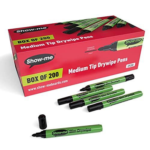 Show-Me Whiteboard Pens, Marker Pens For Whiteboard, Long-Lasting Whiteboard Markers With Easy-Fit Lids, Comfortable & Safe Dry Wipe Markers With Anti-Splay Nibs - Medium, Black, 200PK, green dry erase markers shown with a red box containing 200 black markers.