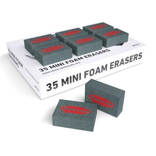 Show-Me Whiteboard Eraser Pack, Erasers For Drywipe Boards & Chalkboards in Schools, Versatile & Easy-To-Use Lightweight Whiteboard Rubber, Mini-Foam White Board Eraser For Classrooms - Black, 35PK, show-me whiteboard eraser pack with 35 mini foam erasers arranged in a box and two erasers outside the box on a white background.