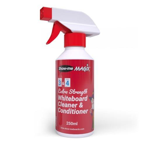 Show-Me MAGIX Whiteboard Cleaner, Cleaner For Drywipe Boards in Schools, Versatile & Easy-To-Use Whiteboard Cleaner, White Board Cleaner Easily Removes Even Permanent Marker & Ballpoint Pen - 250ml, displayed in a red and white spray bottle.