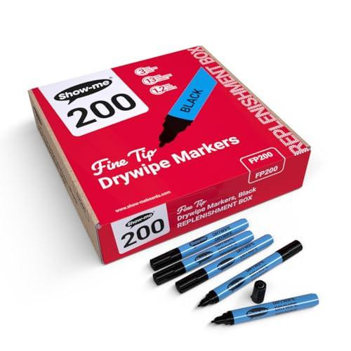 Show-me FP200 Fine-Tip Drywipe Whiteboard Pens for Schools and Classrooms Black, image shows a box containing 200 blue drywipe markers with black tips, and a few pens displayed outside the box.