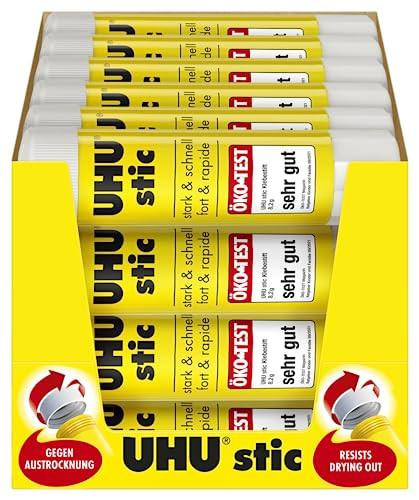 UHU Stic Glue Stick Solid Washable Non-toxic 8.2g Ref 45187, pack of 24, showing yellow and white glue sticks with label in yellow packaging.