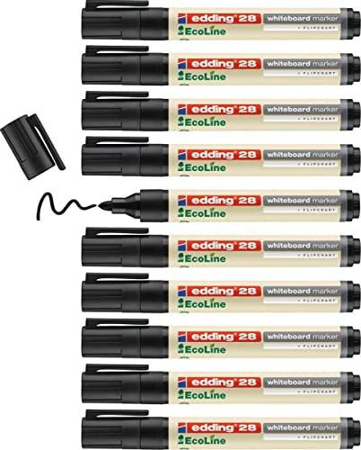 edding 28 Ecoline Whiteboard Marker - Black, box of 10 whiteboard pens with round tip, 1.5-3 mm, suitable for whiteboards, flipcharts, pinboards, memo boards, sketchnotes, and refillable.