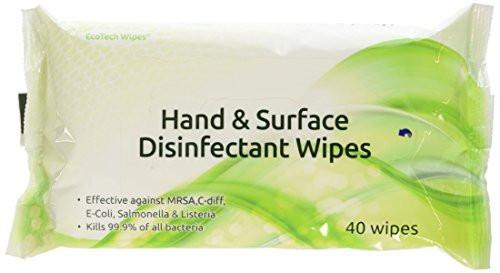 ECOTECH FPHSD40 Hand and Surface Disinfectant Wipes, 40 wipes packaging with green and white design indicating disinfectant wipes for hand and surface cleaning.