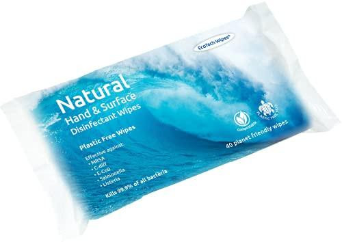 Plastic-Free Disinfectant Wipes, 16 Packs of 40, eco-friendly and biodegradable surface disinfectant wipes in a white and blue package.