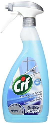 Cif Professional Window and Multi-purpose Cleaner Spray 750ml, spray bottle with blue cleaner liquid and label showing cleaning surfaces including windows and glass.