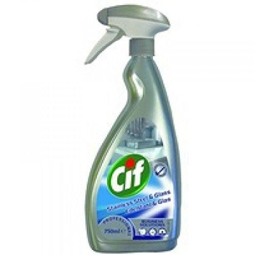 Cif 7517938 Professional Stainless Steel and Glass Cleaner, 750 mL, spray bottle with a trigger nozzle and a label indicating cleaning for stainless steel and glass surfaces.