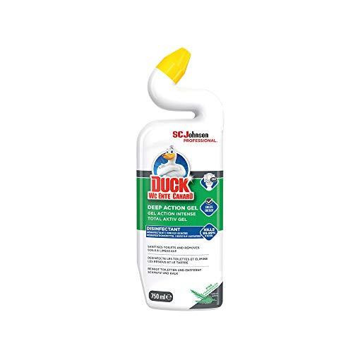Duck Deep Action Gel Toilet Clean Pine 750ml (12 Pack), a white toilet cleaning gel bottle with a yellow cap and a label featuring the Duck logo, pine scent, and cleaning effectiveness icons.