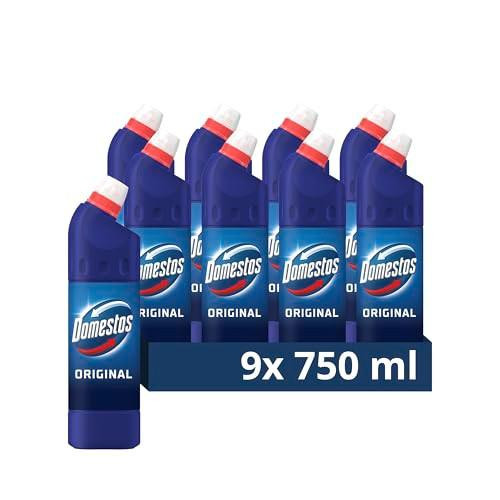 Domestos Original Thick Bleach disinfectant, 9 bottles of 750 ml each, designed for deep cleaning and sanitization, capable of eliminating 99.99% of bacteria and viruses.