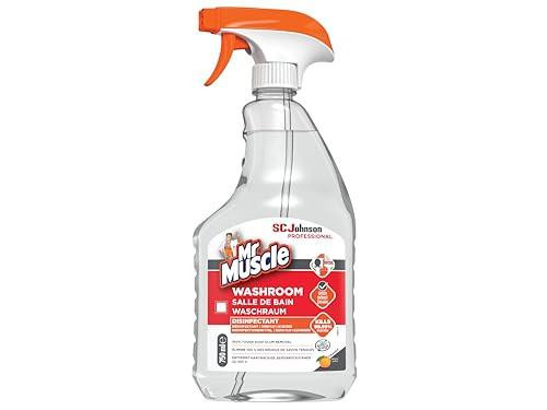 Mr Muscle SC Johnson Professional Washroom Cleaner 750ml, spray bottle with a label indicating disinfectant and cleaning power for washrooms.
