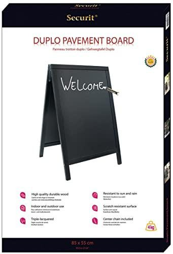 Securit Wooden Lacquered Finish Pavement Sandwich A-Frame Board 55 x 85cm - Outdoor Blackboard Pavement Sign, Chalkboard Easel Double Sided Sandwich Board, Suitable for Outdoor Signage - Black, free-standing chalkboard with 'Welcome' written on it.