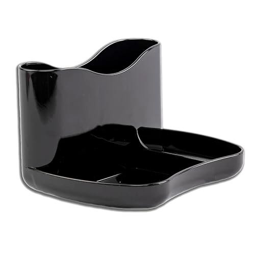 Deflecto Kaddymaster Pen Pot & Desk Tidy with Antimicrobial Treatment - Black, sleek black pen holder with multiple compartments for organizing pens, pencils, and office supplies on a desk.