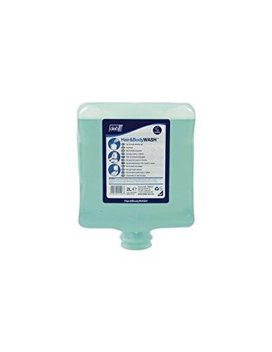 Deb BN250-2 Estesol Hair and Body Wash, 2 Litre Cartridge, light green liquid soap cartridge with a blue and white label