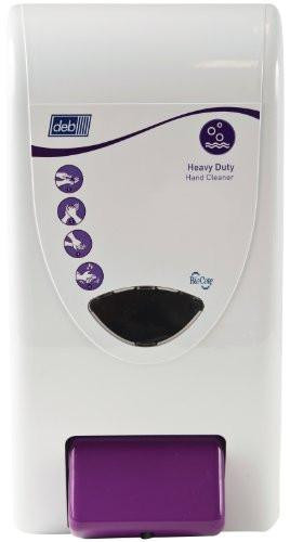 DEB HVY4LDREN Stoko Heavy Duty Cleanse Dispenser, 4L, white wall-mounted hand sanitizer dispenser with purple dispensing area and icons indicating heavy-duty hand cleansing functions.