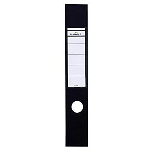 Durable Ordofix Self-Adhesive Spine Labels for Lever Arch File - Black, Pack of 10, image of a black lever arch file with white adhesive spine labels attached for filing and organization.