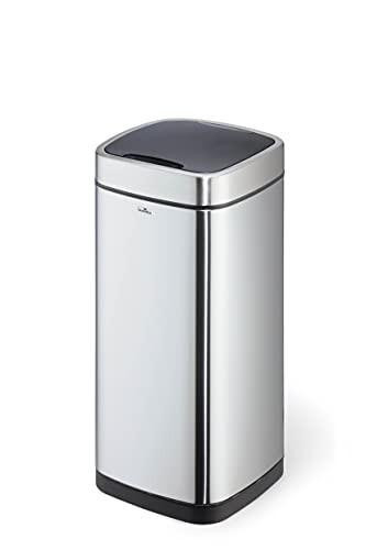 Durable Sensor Waste Bin NO TOUCH - 35 Litre Sensor Bin - Motion Sensored Bin - Made from Strong Steel - Perfect for Any Home or Workplace, image of a sleek, modern silver and black touchless sensor waste bin with a curved lid.