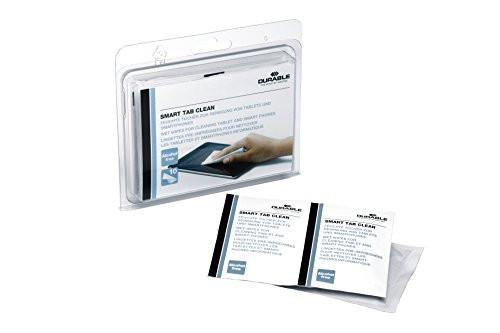 Durable SMART TAB Streak Free Biodegradable Screen Cleaning Wipes, for Phones, Laptops, TVs, iPads and Computers, 10 Sachets, in clear packaging showing cleaning wipes and sachets for device screens.
