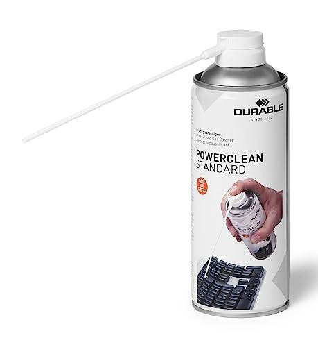 Durable POWERCLEAN Strong HFC-Free Compressed Air Duster, Electronics Safe PC and Keyboard Canned Air Cleaner, Condensed Spray Can, 400ml, with a long white nozzle for cleaning electronic devices.