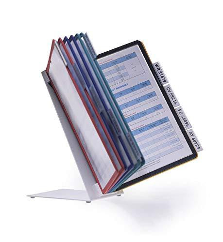 Durable VARIO Display Panel Desk Unit, showcasing 10 assorted colour panels and tabs, designed for storing and displaying A4 documents efficiently.