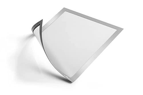 Durable DURAFRAME Magnetic Frame, A4 size in silver, displaying a blank document with a curved magnetic opening for easy insertion, pack of 5 frames, suitable for professional internal signage.