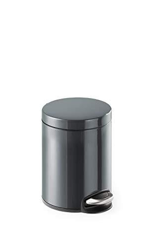 Durable Pedal Bin Metal Round, 5 Litre Capacity, Silent Closing Lid, ideal for offices, warehouses, bathrooms, and other settings, shown as a sleek, silver-colored trash can with a foot pedal for hands-free opening.