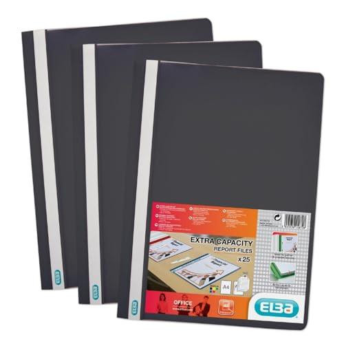 Elba Black Clearview A4 Folder, set of four black document folders with transparent front cover for easy file identification.