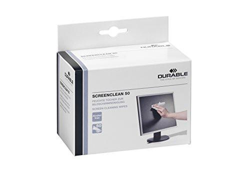 Durable SCREENCLEAN Biodegradable Screen Cleaning Wipes, 50 Sachets, box of wipes for cleaning phones, laptops, TVs, iPads, and computers, easy-to-use packaging.