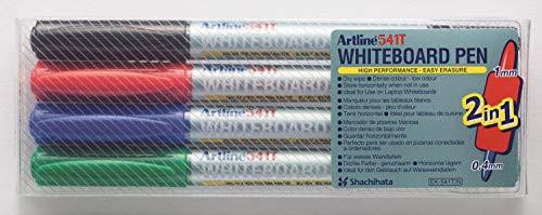 Whiteboard Pen Artline EK-541T Dual Tip (0.4mm & 1mm), 4 Colours, product image showing four dual-tip whiteboard markers in black, red, blue, and green colors in transparent packaging.