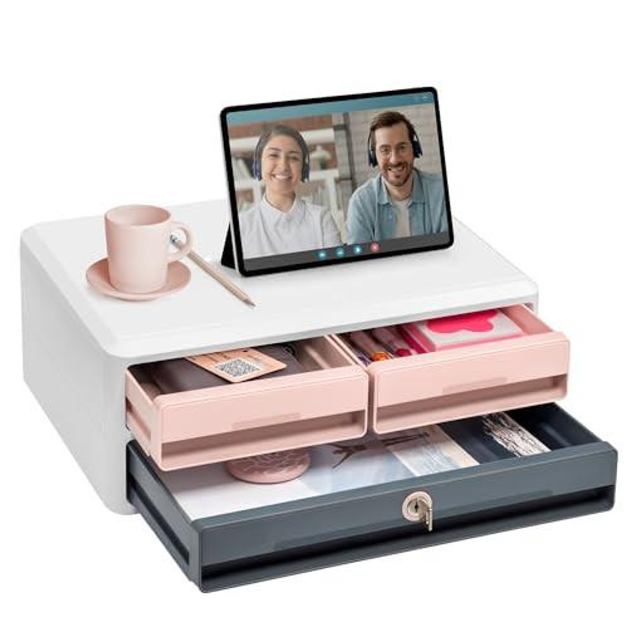 CEP MoovUp Secure Module 2 Small Drawers + 1 Large Drawer White Cabinet Drawers Powder Pink/Grey, a modern multi-compartment storage unit with a tablet and a cup on top, featuring organized pink and grey drawers.