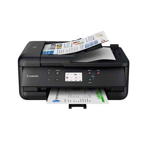 Canon PIXMA TR7650 Wireless All-In-One Colour Inkjet Printer, black home printer with touchscreen, printing documents and photos, featuring borderless printing, Wi-Fi and cloud connectivity, A4 print, copy, scan, fax, 20-sheet ADF, and 5 individual inks.