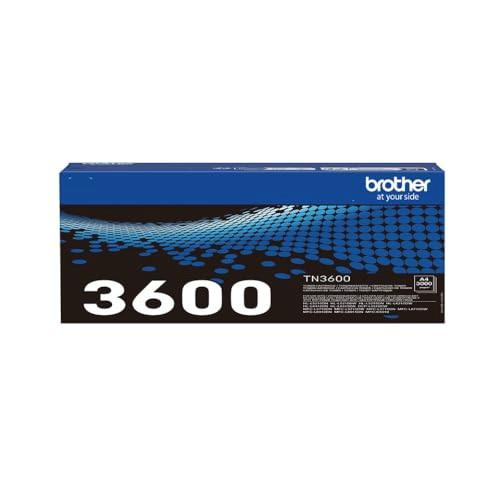 BROTHER TN3600 Toner Cartridge, box packaging for standard yield black toner cartridge, compatible with Brother printers, up to 3,000 pages.