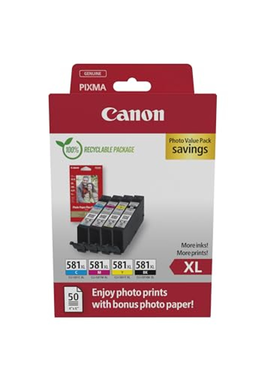 Canon CLI-581 XL C M Y BK Pack of 4 cartridges Yield XL (Black XL Cyan XL Magenta XL Yellow XL) Genuine (Recycled Cardboard Multipack)