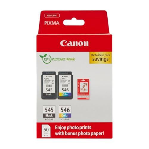 Canon Ink & Paper Multipack, genuine printer ink cartridges and photo paper package showing one black ink cartridge, one color ink cartridge, and 50 sheets of 4x6 photo paper.