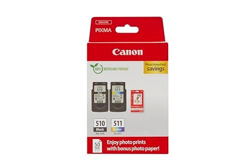 Canon PG-510 / CL-511 Genuine Ink Cartridges, Pack of 2 (1 x Black, 1 x Colour) with 50 sheets of 4x6 photo paper - Cardboard multipack, in red packaging with ink cartridge images and promotional text.