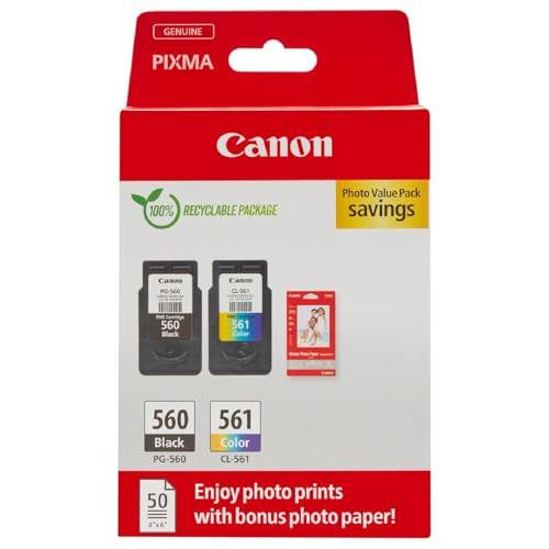Canon Ink & Paper Multipack - PG-560/CL-561 Genuine Printer Ink Cartridges 2 Pack (1 x Black, 1 x Colour) & 4x6 Photo Paper (50 Sheets) - Compatible with PIXMA TS, product image showing the packaging of the ink cartridges and photo paper.