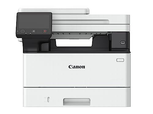 Canon i-SENSYS MF463dw 3-in-1 Wireless Mono Laser Printer, front view of the office printer showing the LCD touchscreen, paper tray, and multifunctional design for printing, copying, and scanning.