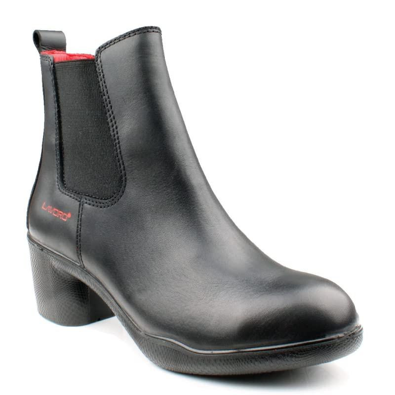 S3 - SRC ESD - Lavoro CYNDI Black Ladies Safety Boots, black leather safety boot with steel toecap, slip-resistant sole, ankle-high design, and size 4.