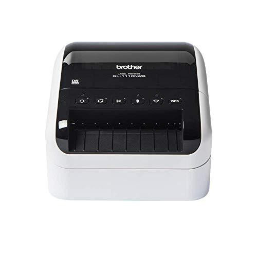 Brother QL-1110NWBc Label Printer, wireless and USB 2.0 connected desktop wide format 4-inch label printer with UK plug and control panel.
