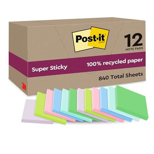 Post-it Super Sticky 100% Recycled Notes, Pack of 12 Pads, 70 Sheets per Pad in assorted pink, green, blue, purple, and yellow colors, featuring extra sticky notes made from 100% recycled paper with each note measuring 47.6 mm x 47.6 mm.