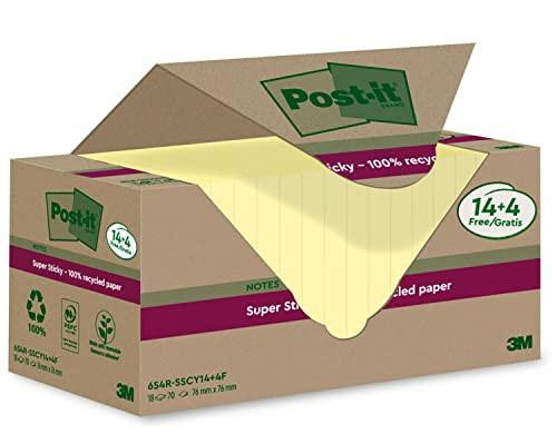 Post-it Super Sticky 100% Recycled Notes, Pack of 14+4 Free Pads, 70 Sheets per Pad, 76 mm x 76 mm, Canary Yellow - Extra Sticky Notes made from recycled paper shown in a cardboard package with notes sticking out.