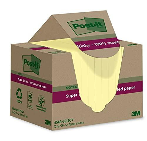 Post-it Super Sticky Notes, pack of 12 pads, with yellow notes on a cardboard storage box, made from 100% recycled paper, measuring 76 mm x 76 mm, featuring extra sticky adhesive for strong hold.